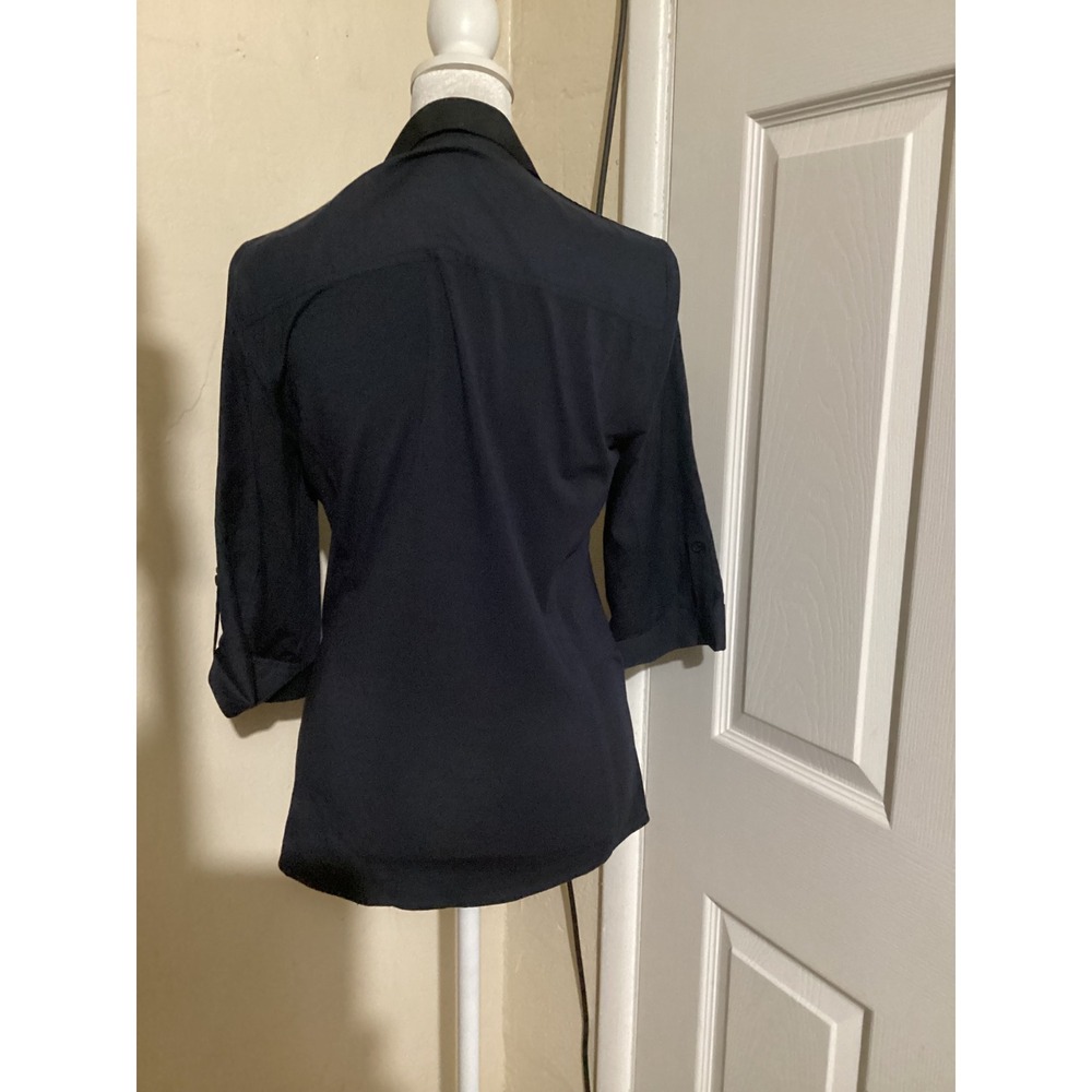 Elie Tahari Navy Blue Silk Cotton Blend 3/4 Sleeve Button Up Blouse XS - Picture 3 of 8